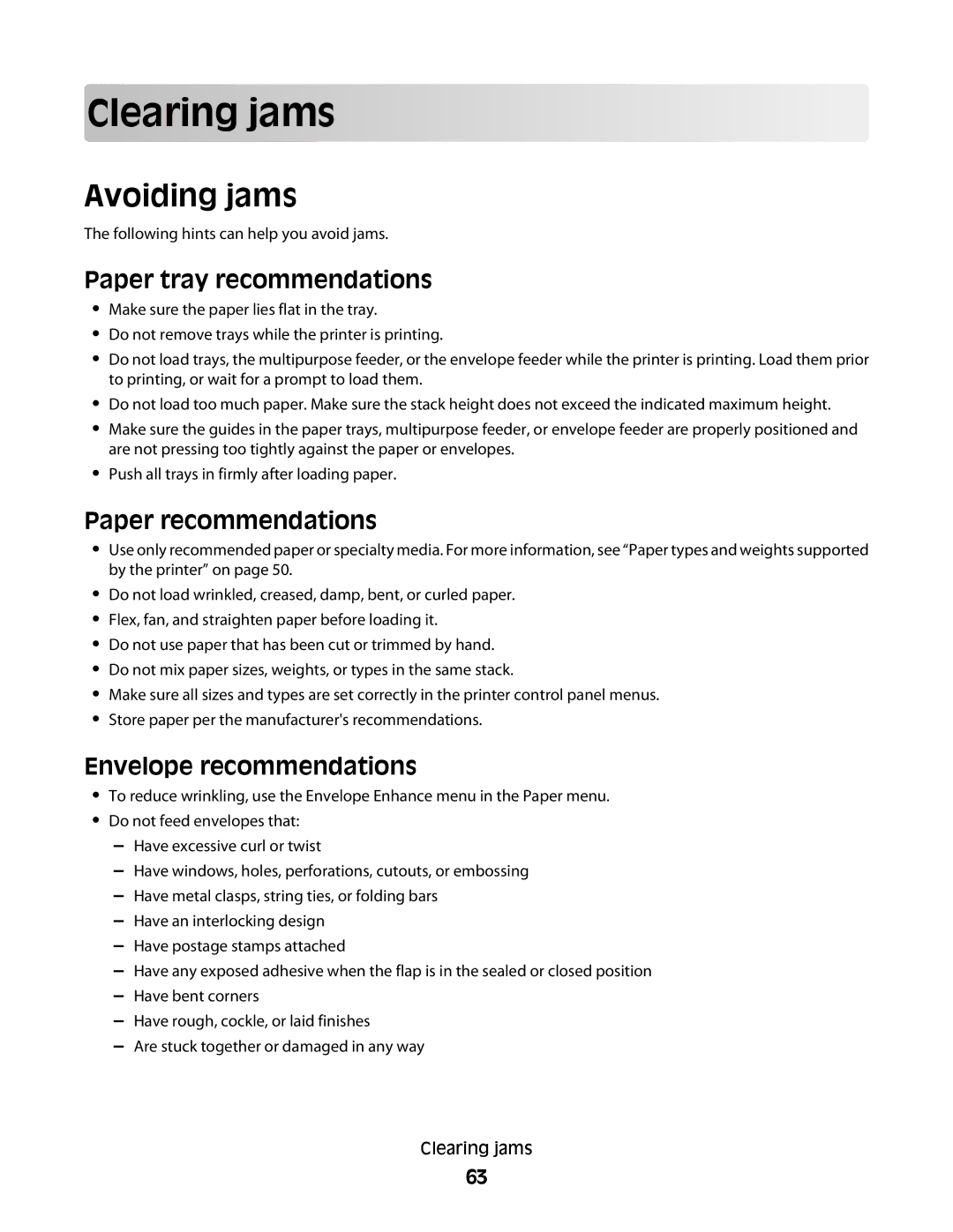 Lexmark C54x Series manual Clearing jams, Avoiding jams, Paper tray recommendations, Paper recommendations 