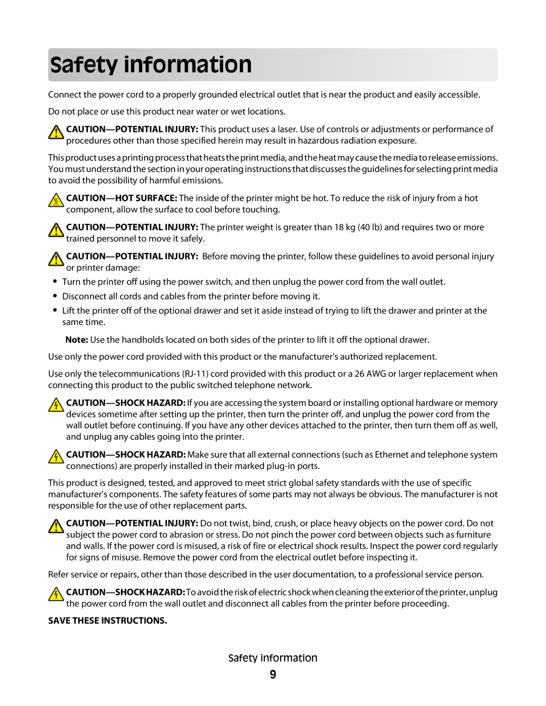 Lexmark C54x Series manual Safety info rm ation 