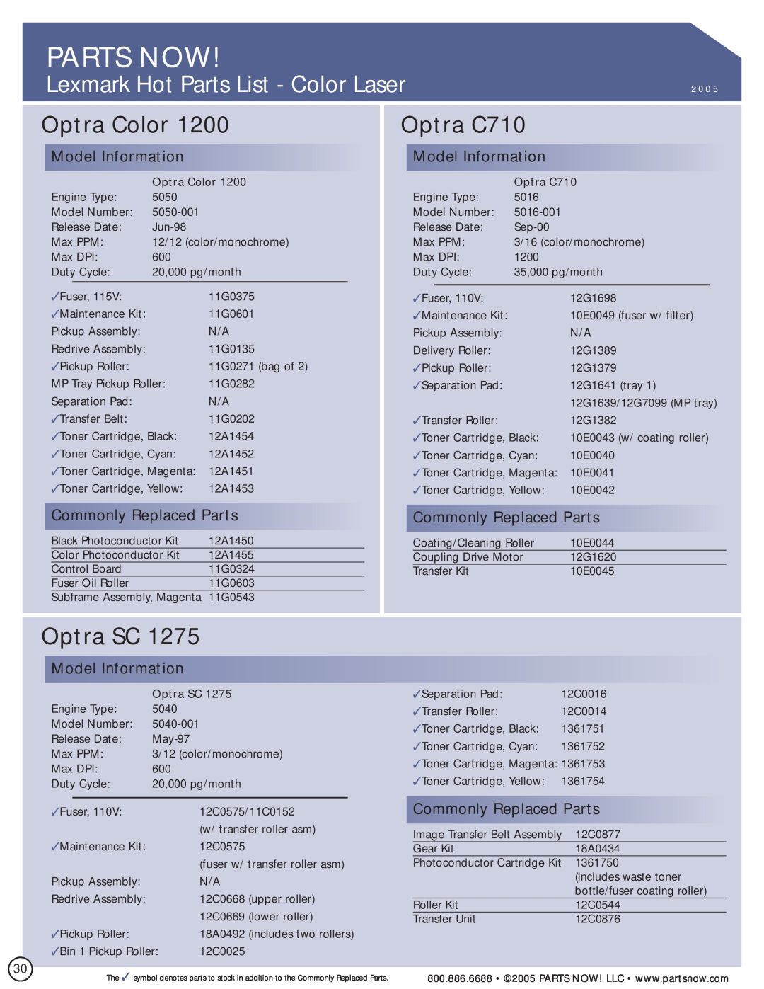 Lexmark SC 1275 manual Parts Now, Lexmark Hot Parts List - Color Laser, Optra Color, Optra C710, Optra SC 
