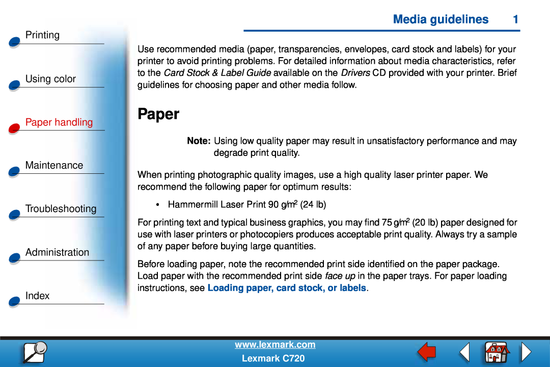 Lexmark manual Lexmark C720, Printing Using color Paper handling Maintenance, Troubleshooting Administration Index 