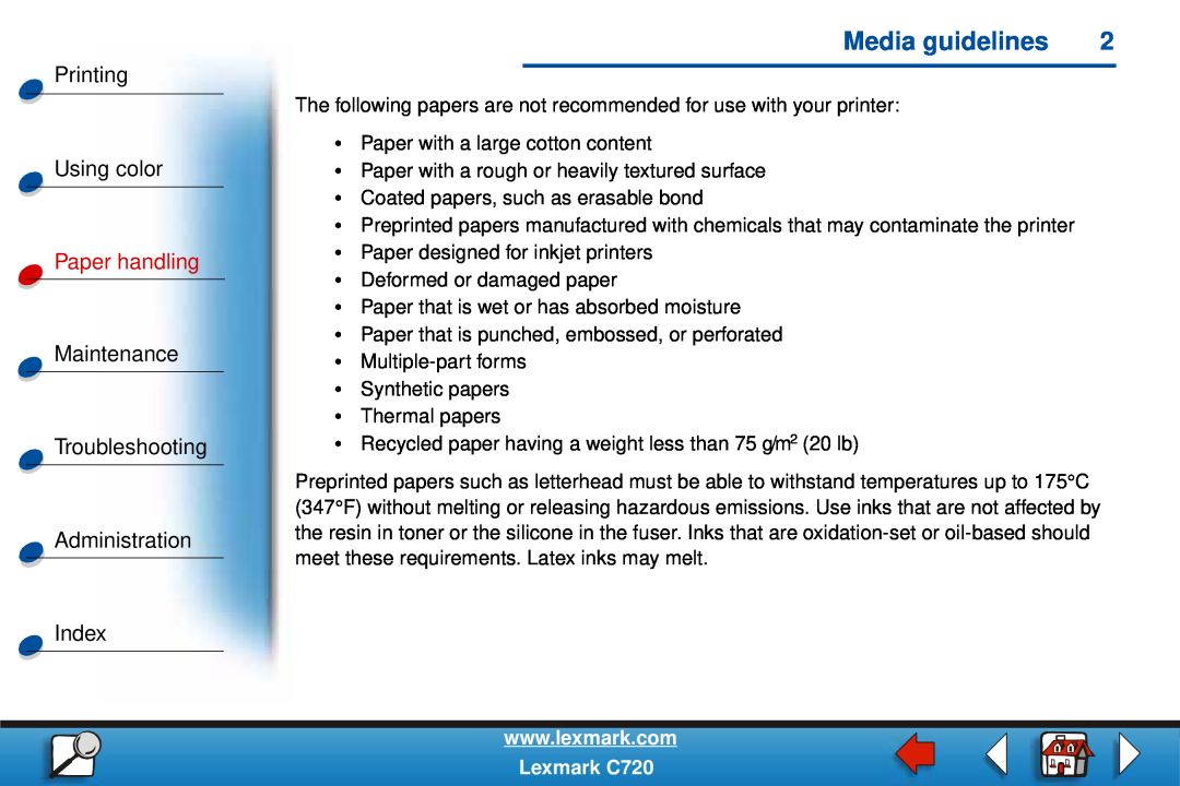Lexmark C720 Media guidelines, Printing Using color, Paper handling, Maintenance Troubleshooting Administration Index 