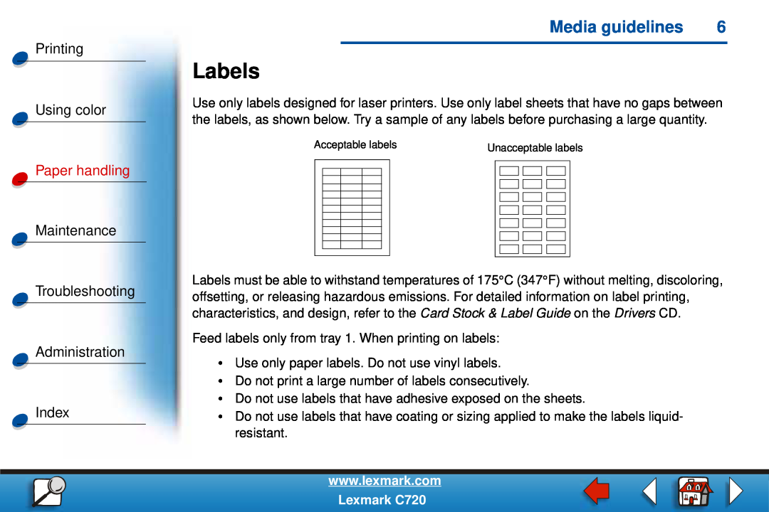 Lexmark C720 manual Labels, Media guidelines, Printing Using color, Paper handling 