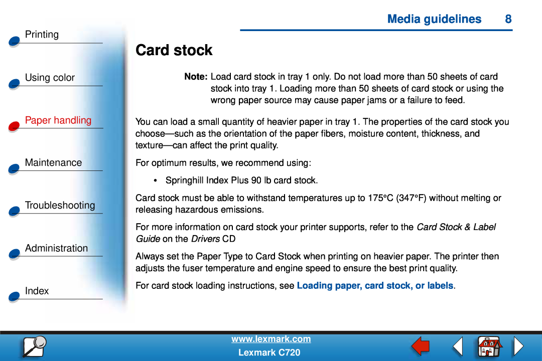 Lexmark C720 manual Card stock, Media guidelines, Printing Using color, Paper handling 