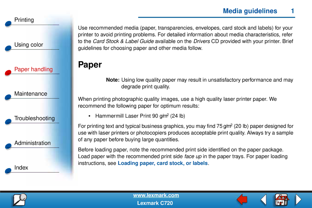 Lexmark C720 manual Paper, Media guidelines 