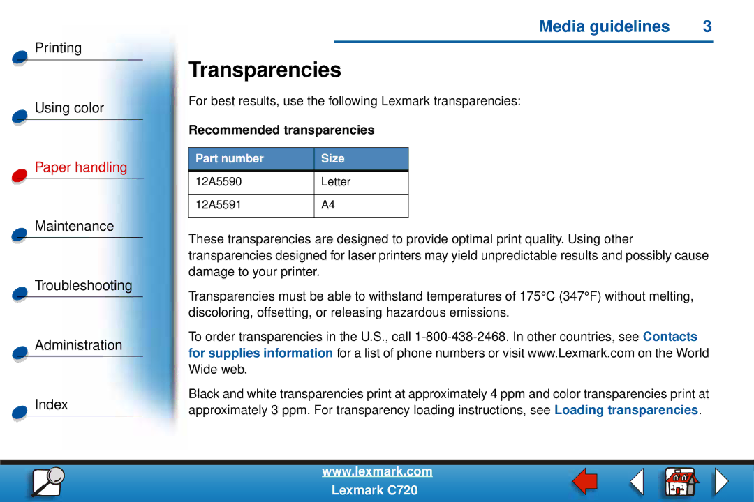 Lexmark C720 manual Transparencies, Recommended transparencies 