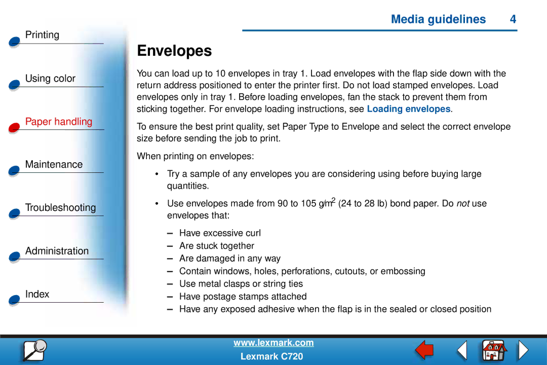 Lexmark C720 manual Envelopes 