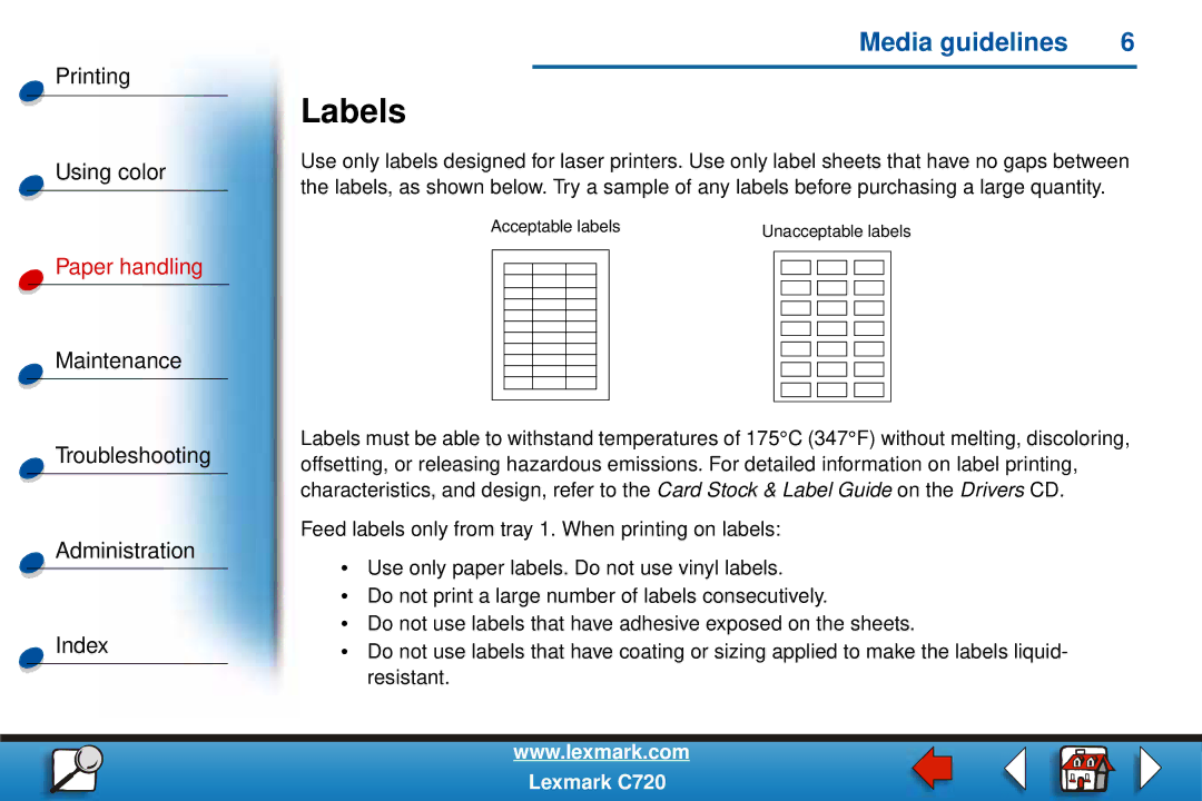 Lexmark C720 manual Labels 