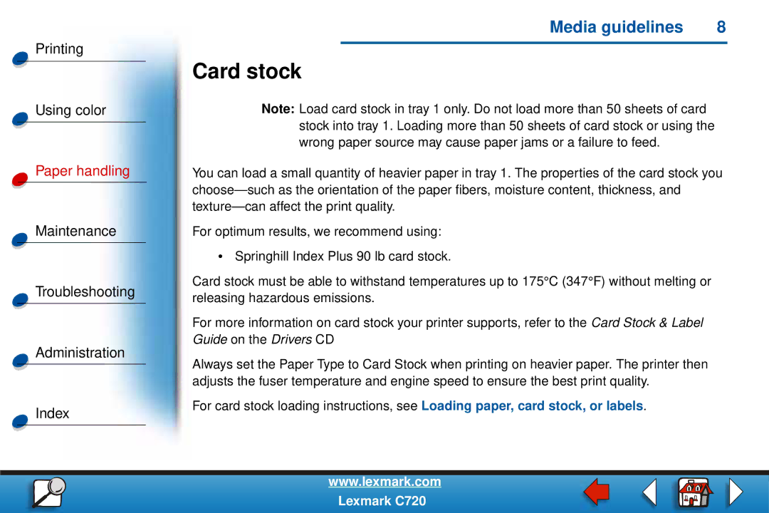 Lexmark C720 manual Card stock 