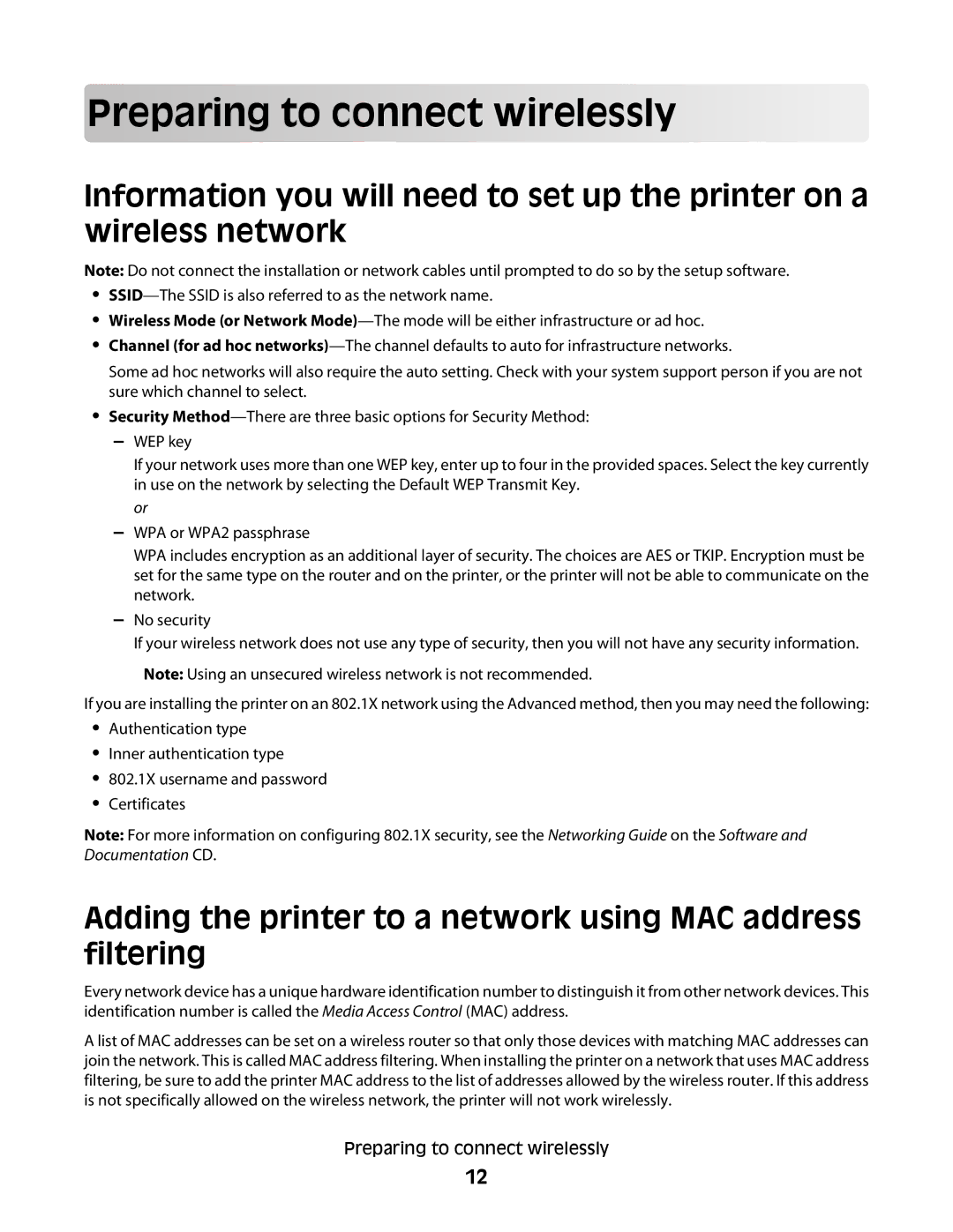 Lexmark C734DN, C734DTN Prep aring to c o nn e c t wirelessly, Adding the printer to a network using MAC address filtering 