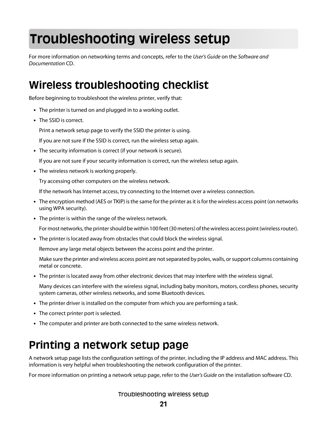 Lexmark C734DTN, C734DW Troublesho oting wi r el e ss setup, Wireless troubleshooting checklist, Printing a network setup 