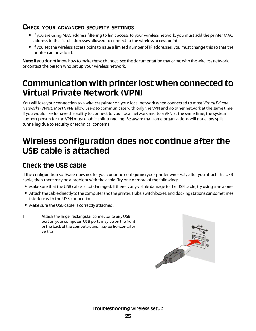 Lexmark C734N, C734DTN, C734DW, C736DN, C736DTN, C734DN, C736N Check the USB cable, Check Your Advanced Security Settings 