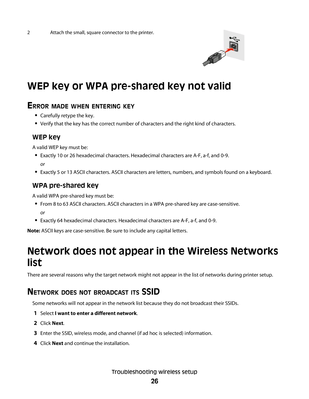 Lexmark C734DN, C734DTN WEP key or WPA pre-shared key not valid, Network does not appear in the Wireless Networks list 