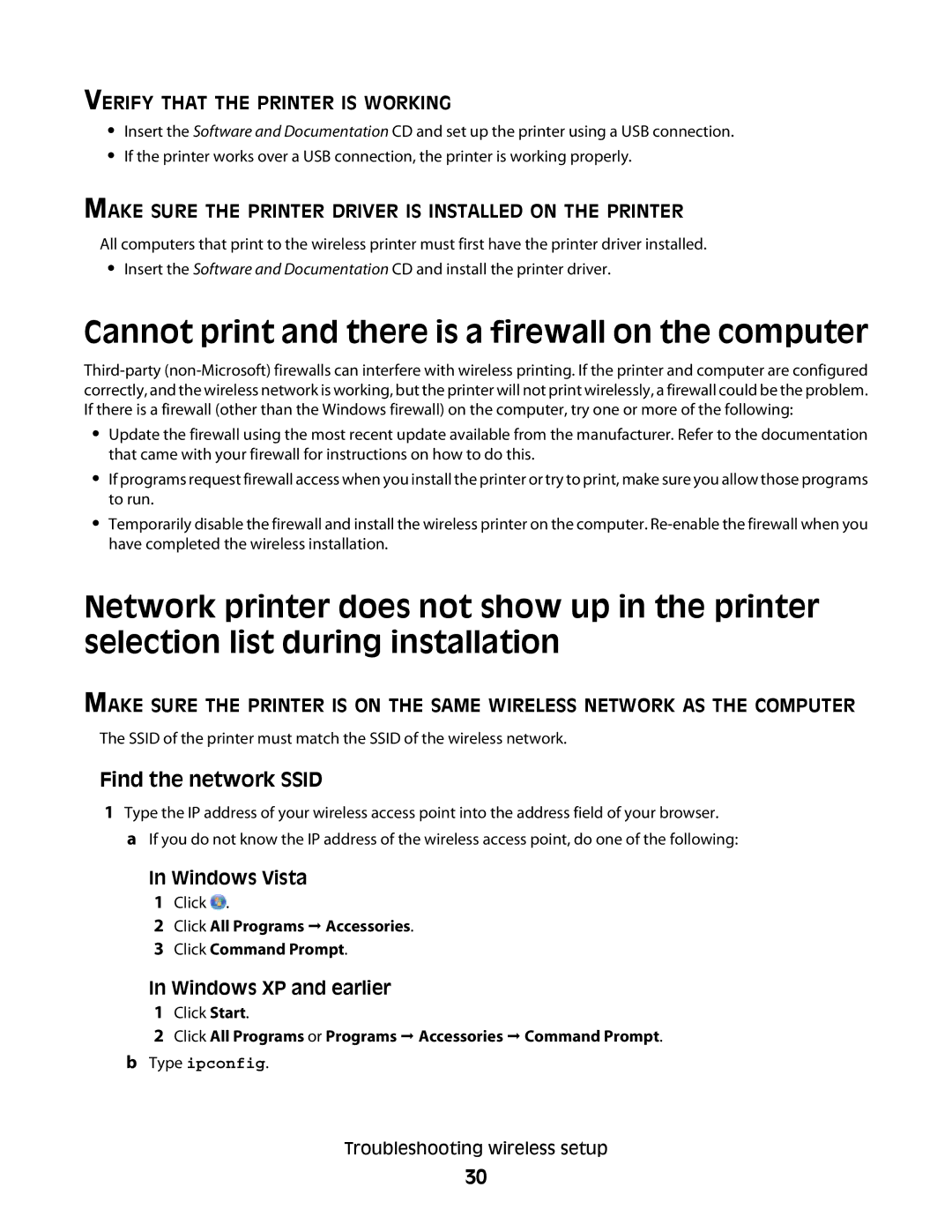 Lexmark C736DN, C734DTN, C734DW, C736DTN, C734N Cannot print and there is a firewall on the computer, Find the network Ssid 