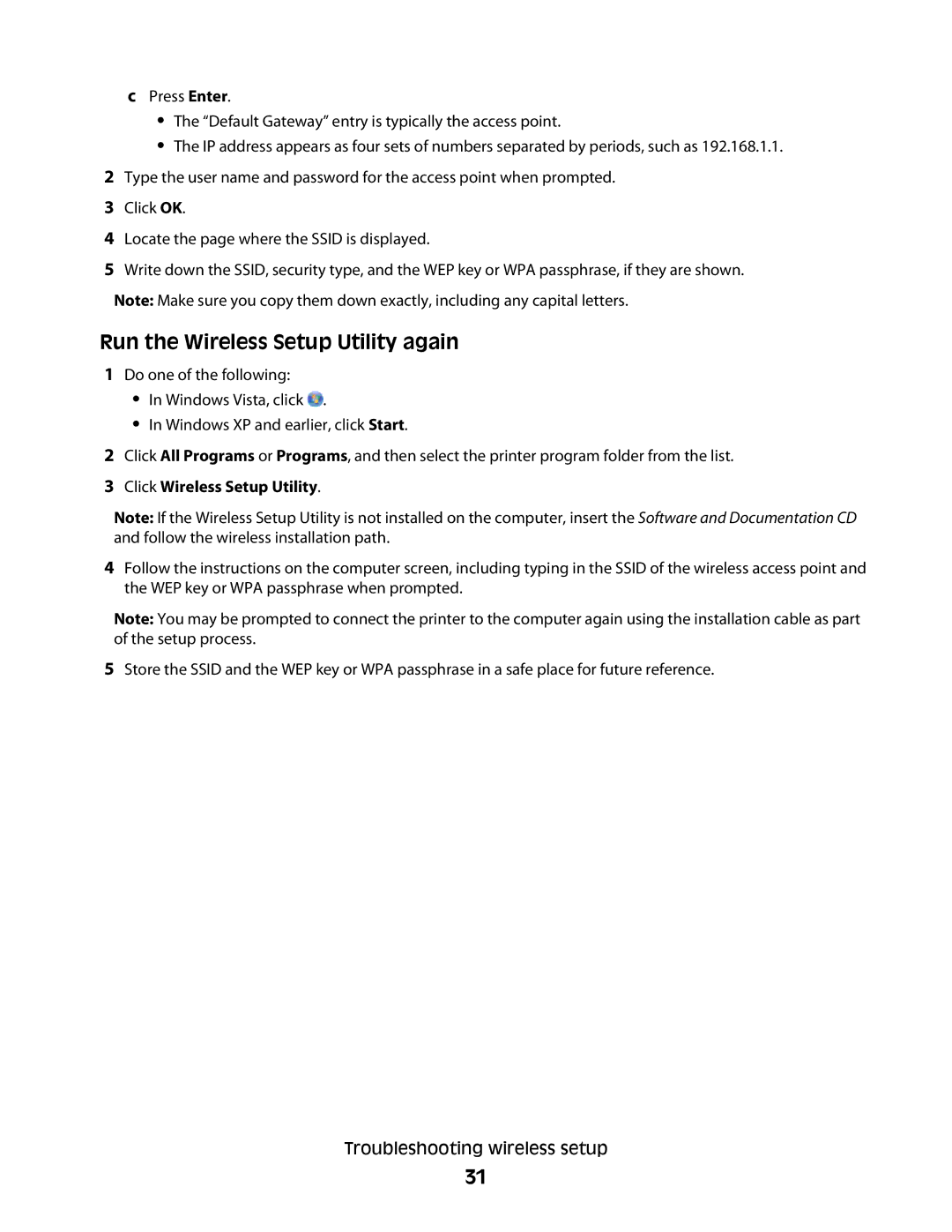 Lexmark C736DTN, C734DTN, C734DW, C736DN, C734N, C734DN Run the Wireless Setup Utility again, Click Wireless Setup Utility 