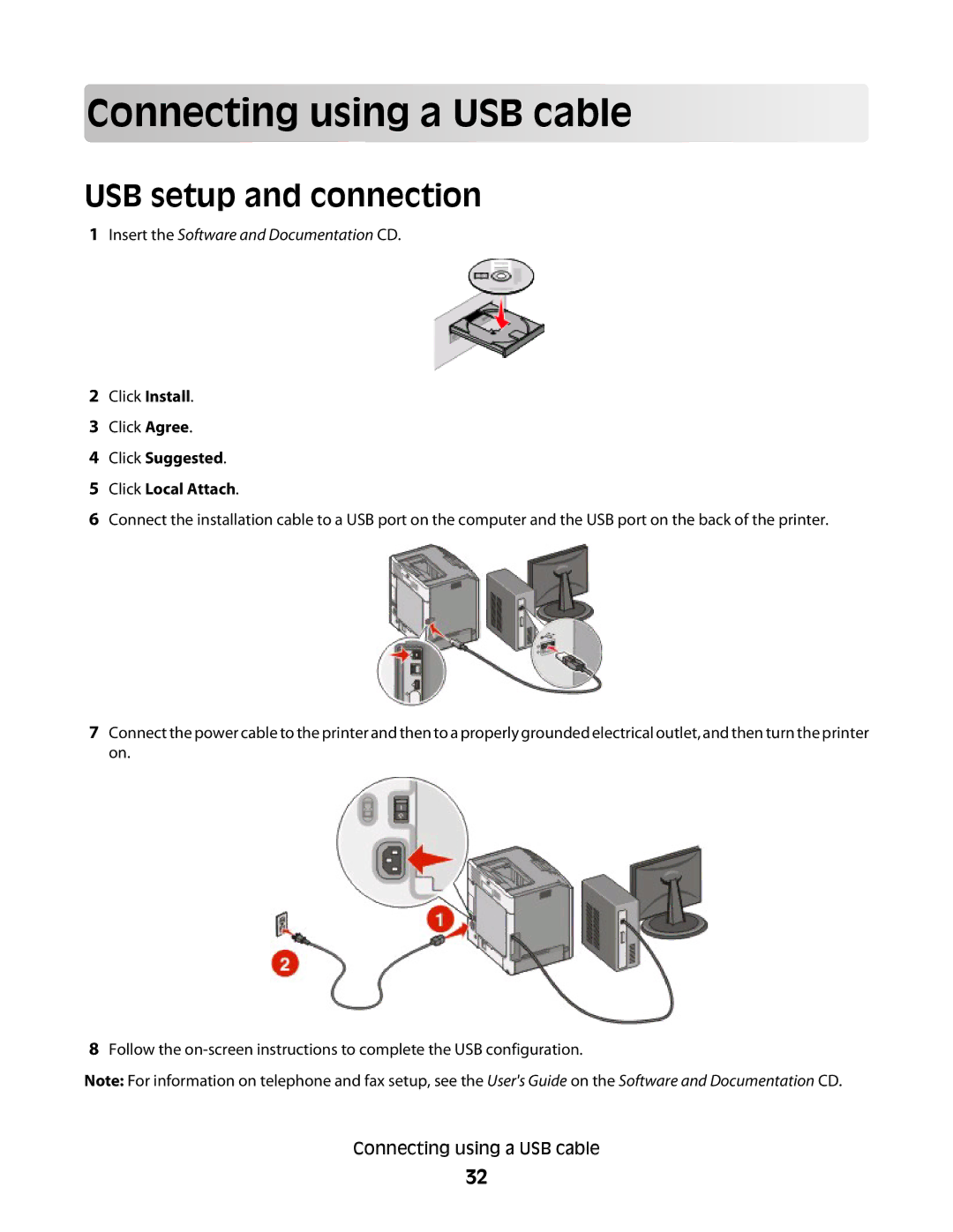 Lexmark C734N, C734DTN Con nectin g using a U S B cable, USB setup and connection, Click Suggested Click Local Attach 