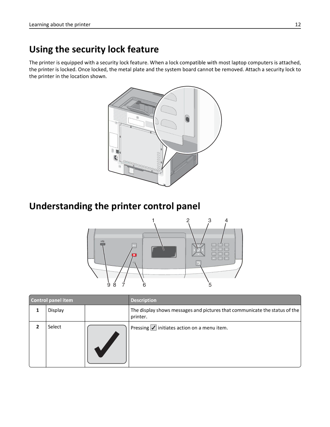 Lexmark C736, 25A0591 manual Using the security lock feature, Understanding the printer control panel 