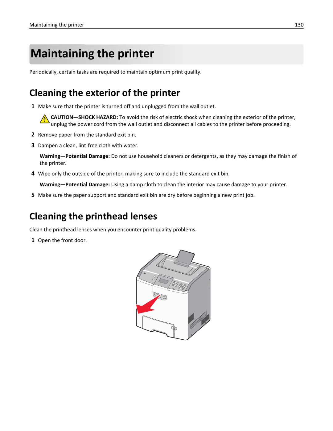 Lexmark C736, 25A0591 manual Maintaining the printer, Cleaning the exterior of the printer, Cleaning the printhead lenses 