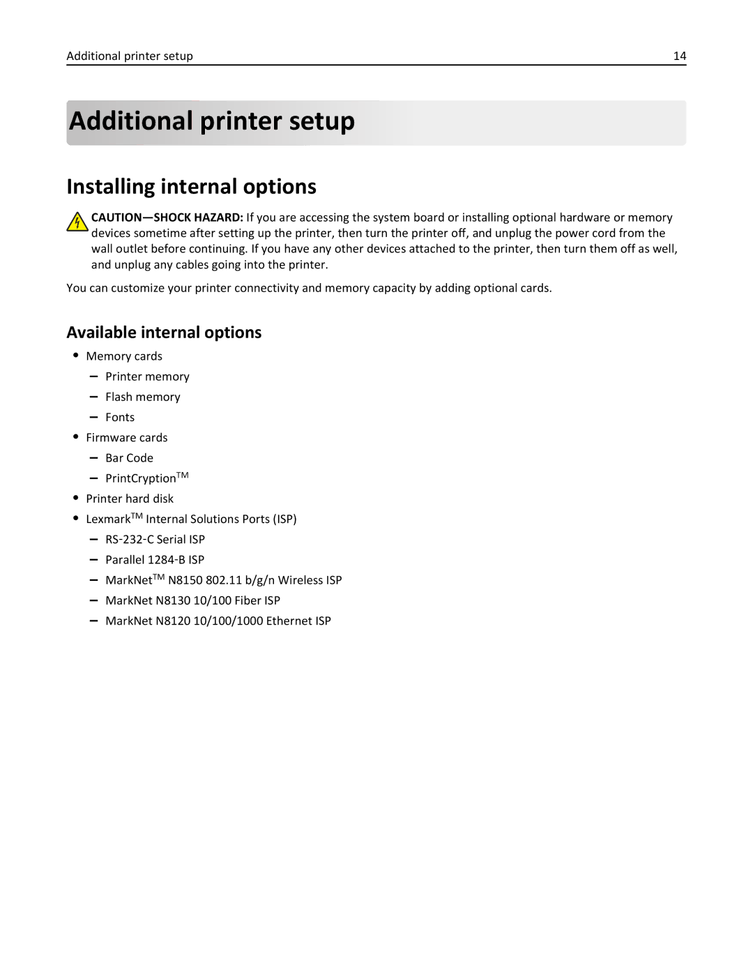 Lexmark C736, 25A0591 manual Additional printer setup, Installing internal options, Available internal options 