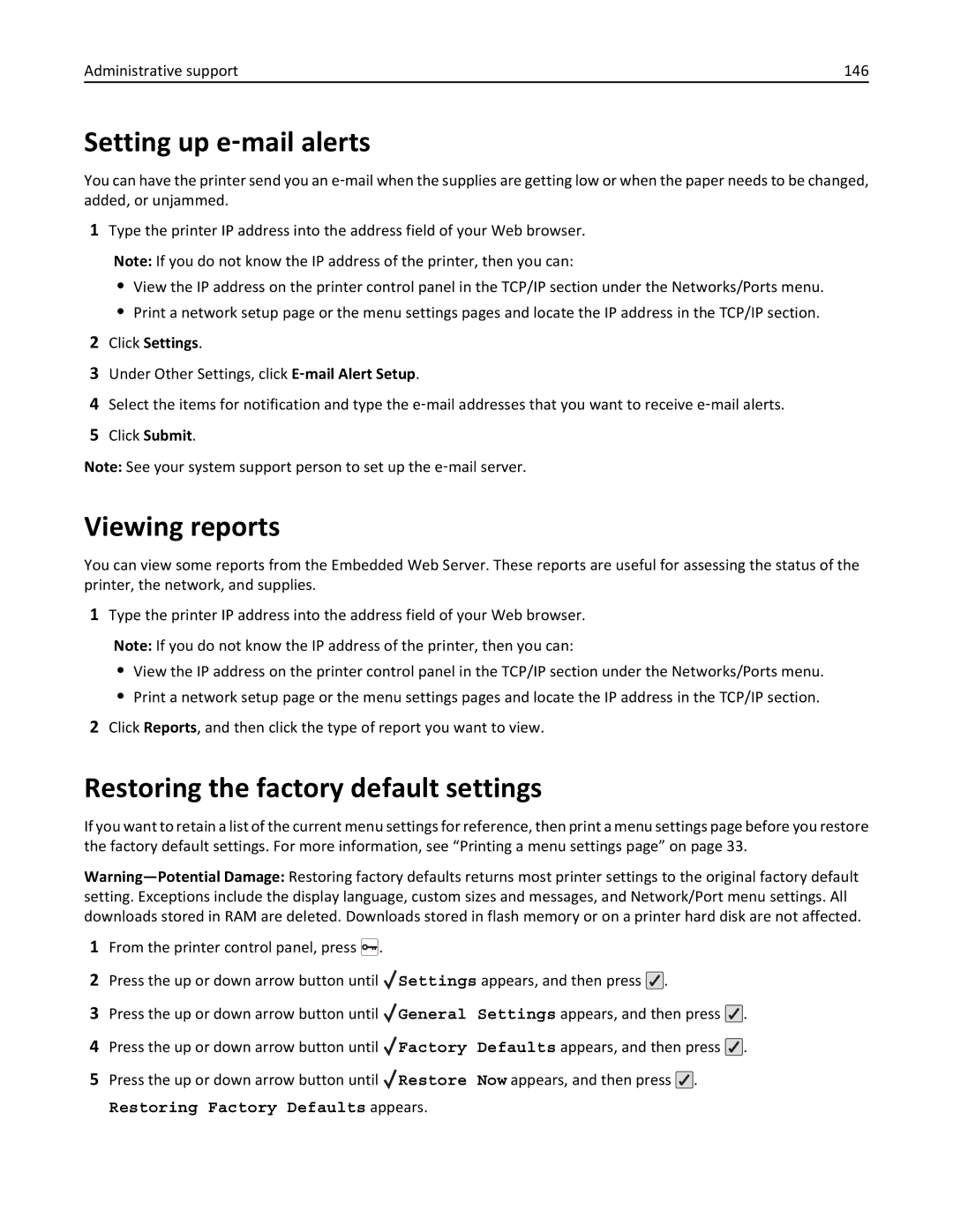 Lexmark C736 Setting up e‑mail alerts, Viewing reports, Restoring the factory default settings, Administrative support 146 