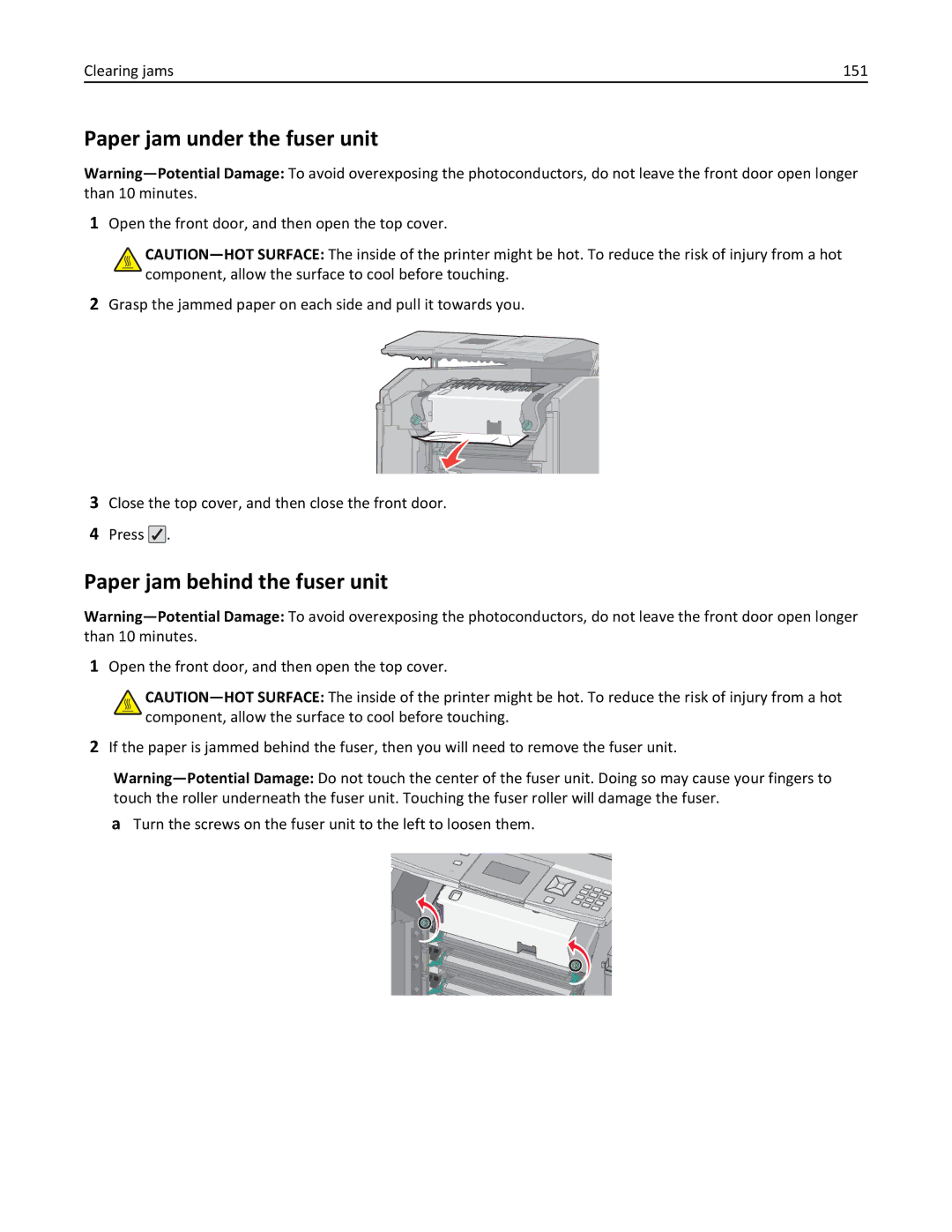 Lexmark 25A0591, C736 manual Paper jam under the fuser unit, Paper jam behind the fuser unit, Clearing jams 151 