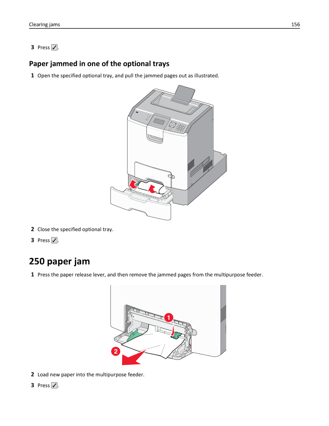 Lexmark C736, 25A0591 manual Paper jammed in one of the optional trays, Clearing jams 156 Press 