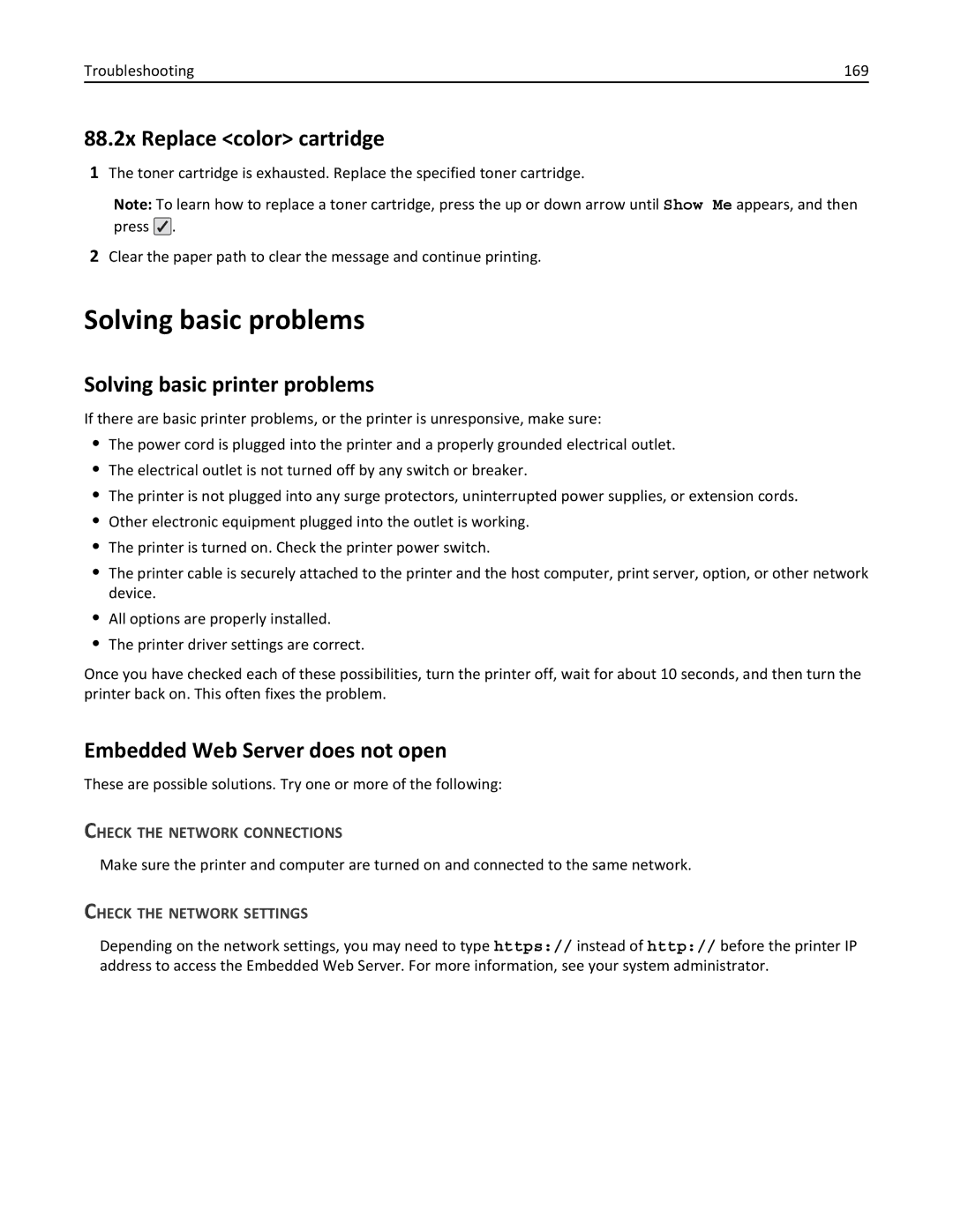 Lexmark 25A0591, C736 manual Solving basic problems, 88.2x Replace color cartridge, Solving basic printer problems 