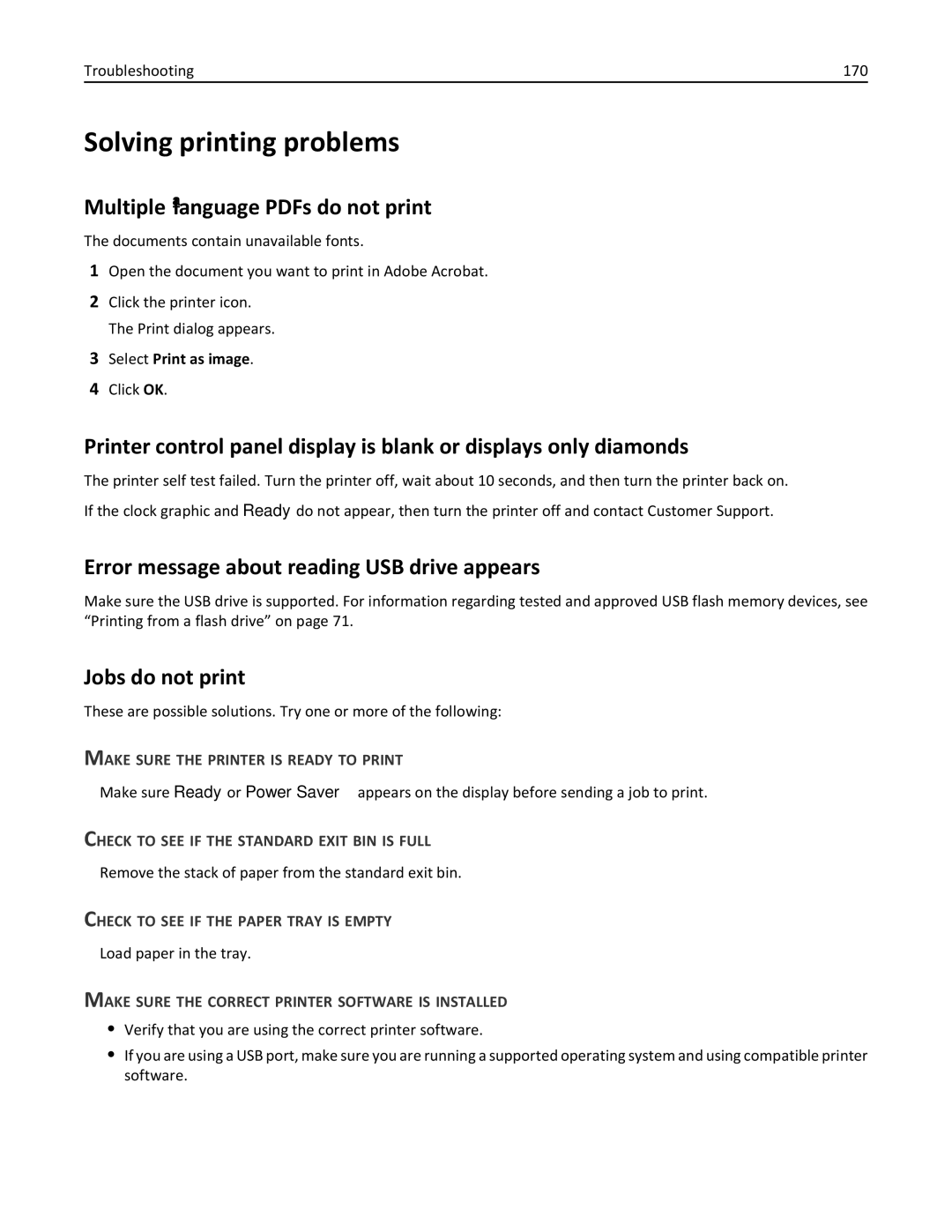 Lexmark C736, 25A0591 manual Solving printing problems, Error message about reading USB drive appears, Jobs do not print 