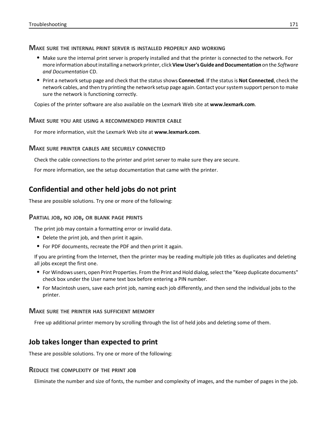 Lexmark 25A0591, C736 manual Confidential and other held jobs do not print, Job takes longer than expected to print 