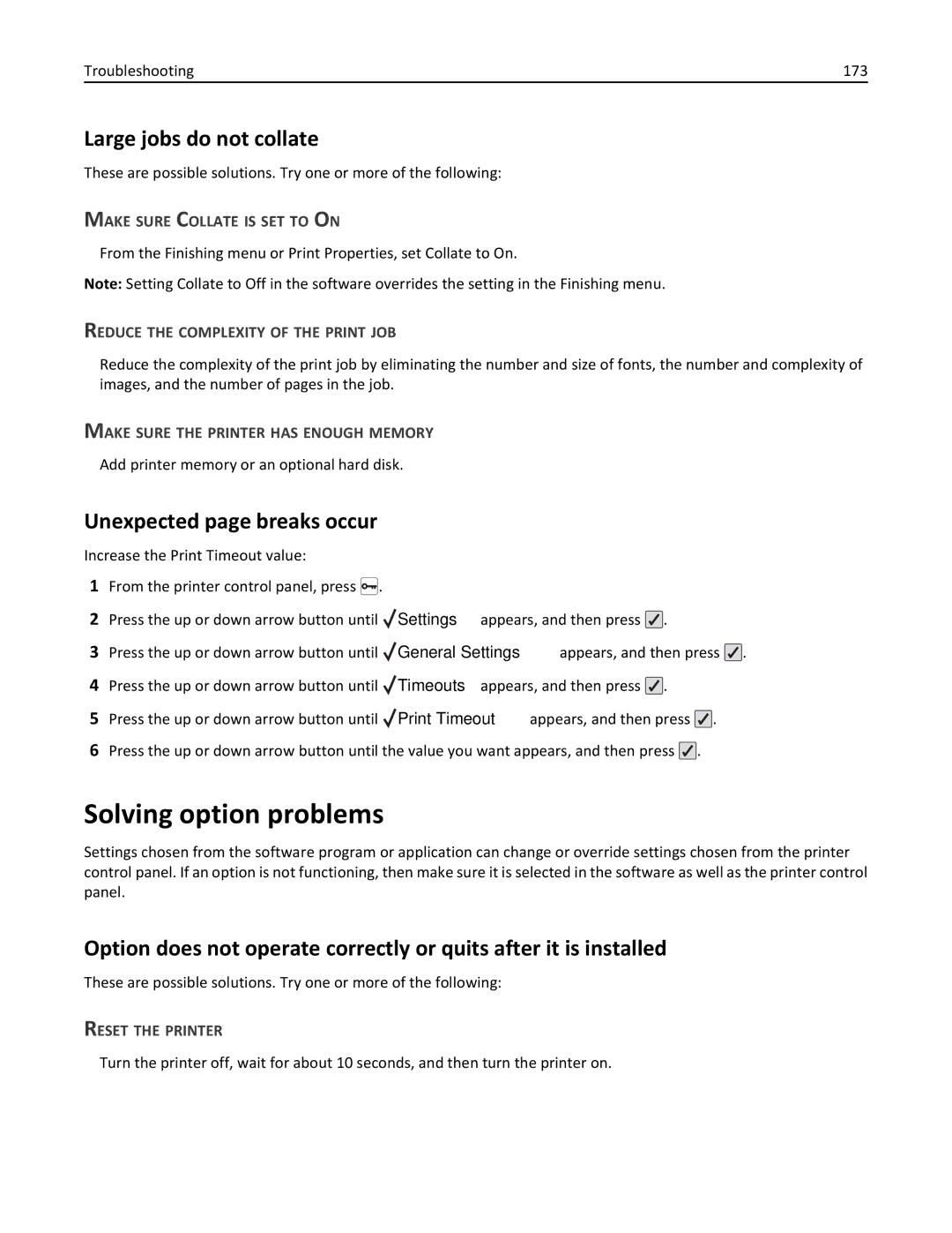 Lexmark 25A0591, C736 manual Solving option problems, Large jobs do not collate, Unexpected page breaks occur 