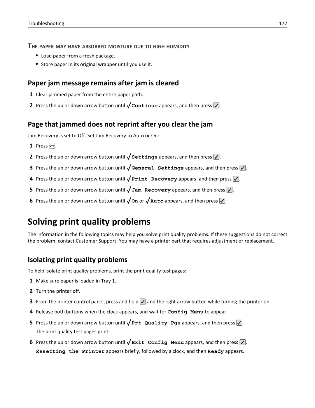 Lexmark 25A0591, C736 manual Solving print quality problems, Paper jam message remains after jam is cleared 