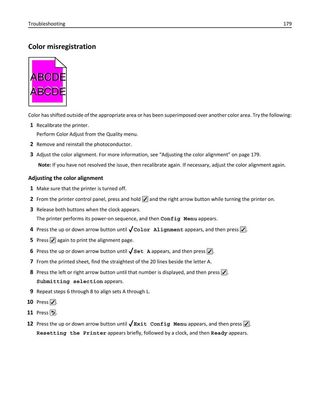 Lexmark 25A0591, C736 manual Color misregistration, Adjusting the color alignment, Troubleshooting 179 