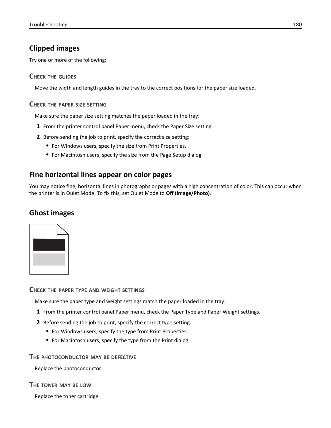 Lexmark C736, 25A0591 manual Clipped images, Fine horizontal lines appear on color pages, Ghost images 