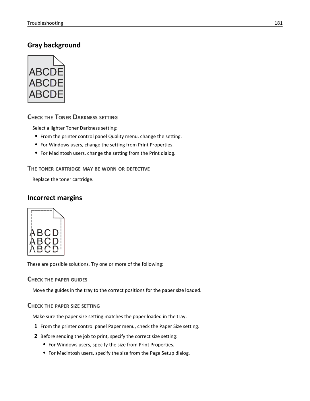 Lexmark 25A0591, C736 manual Gray background, Incorrect margins, Troubleshooting 181, Check the Toner Darkness Setting 