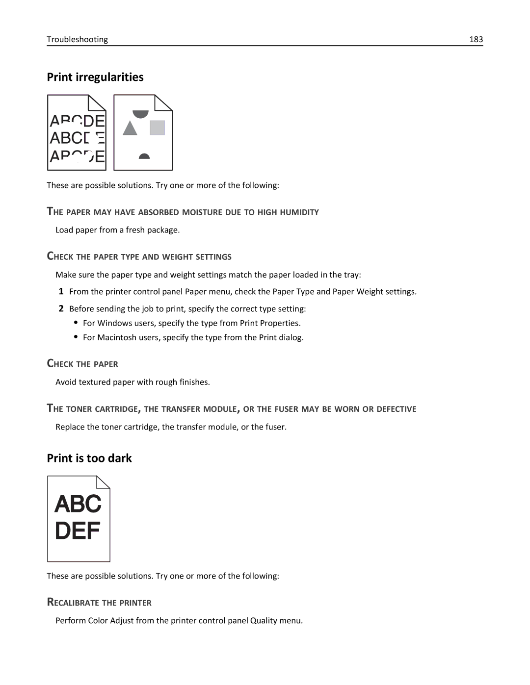 Lexmark 25A0591, C736 manual Print irregularities, Print is too dark, Recalibrate the Printer 