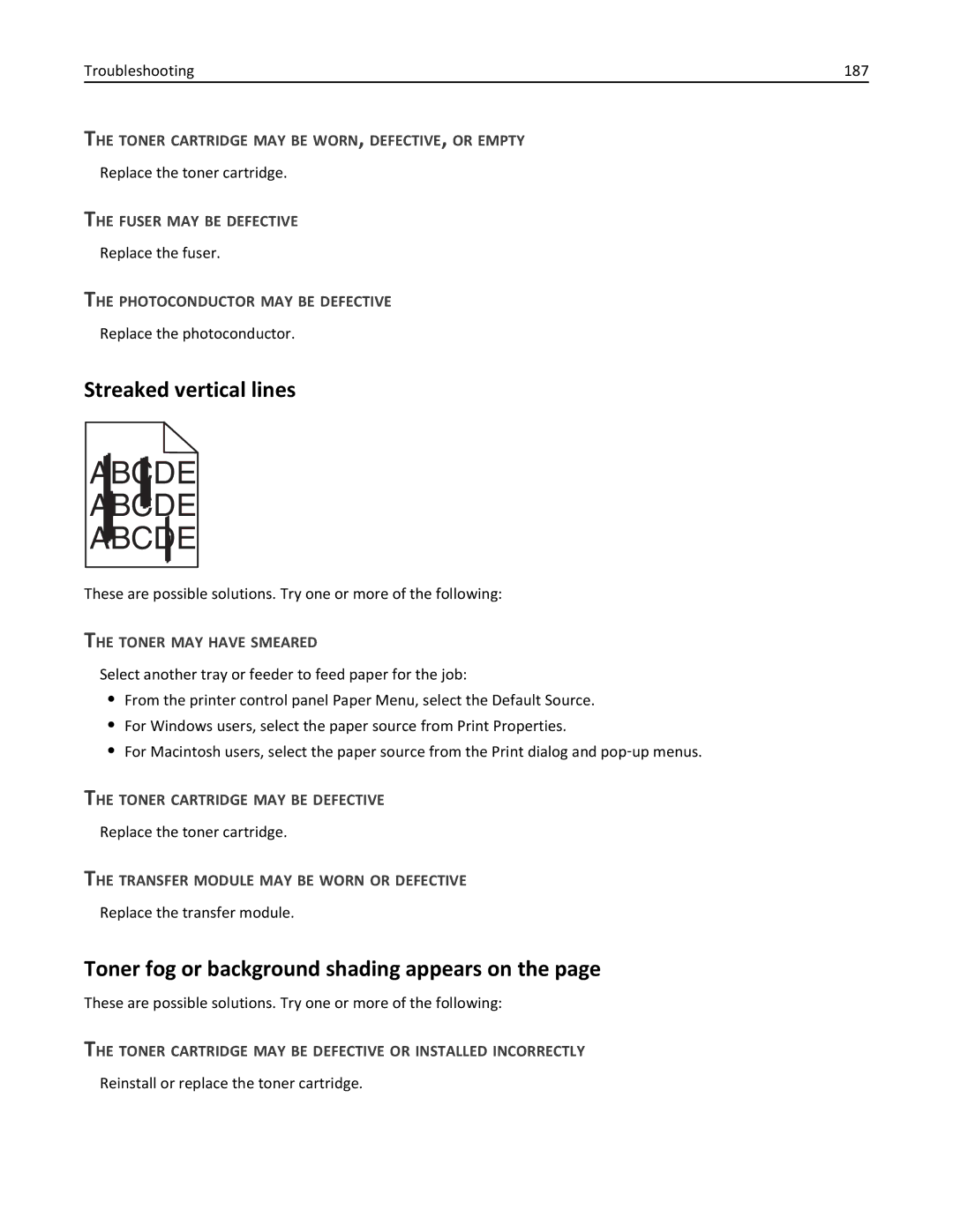 Lexmark 25A0591, C736 manual Streaked vertical lines, Toner fog or background shading appears on 