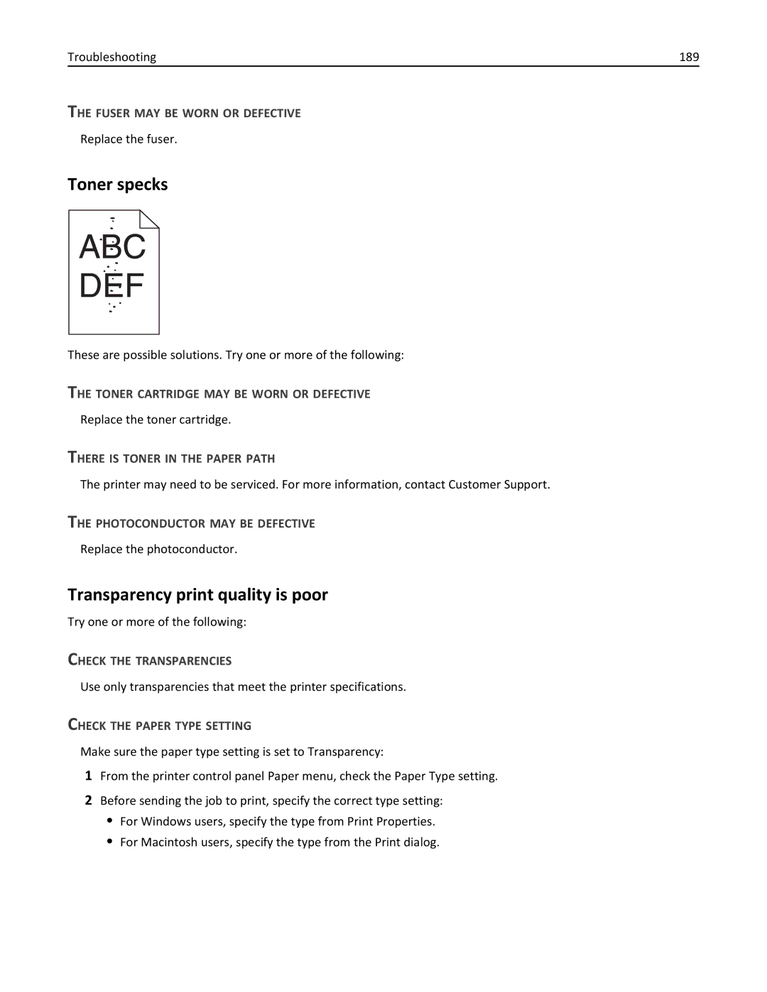 Lexmark 25A0591, C736 manual Toner specks, Transparency print quality is poor, Troubleshooting 189, Check the Transparencies 