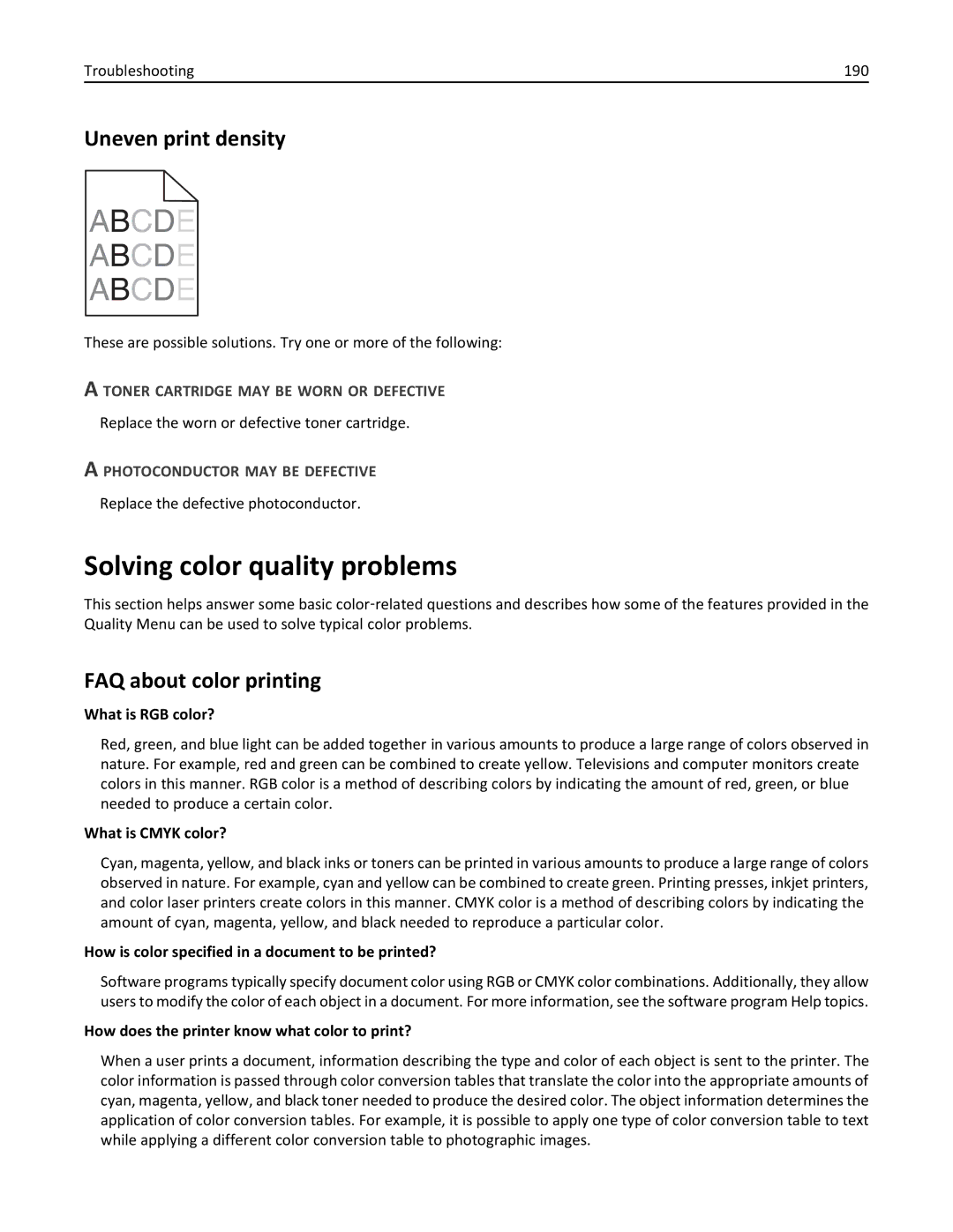 Lexmark C736, 25A0591 Solving color quality problems, Uneven print density, FAQ about color printing, What is RGB color? 