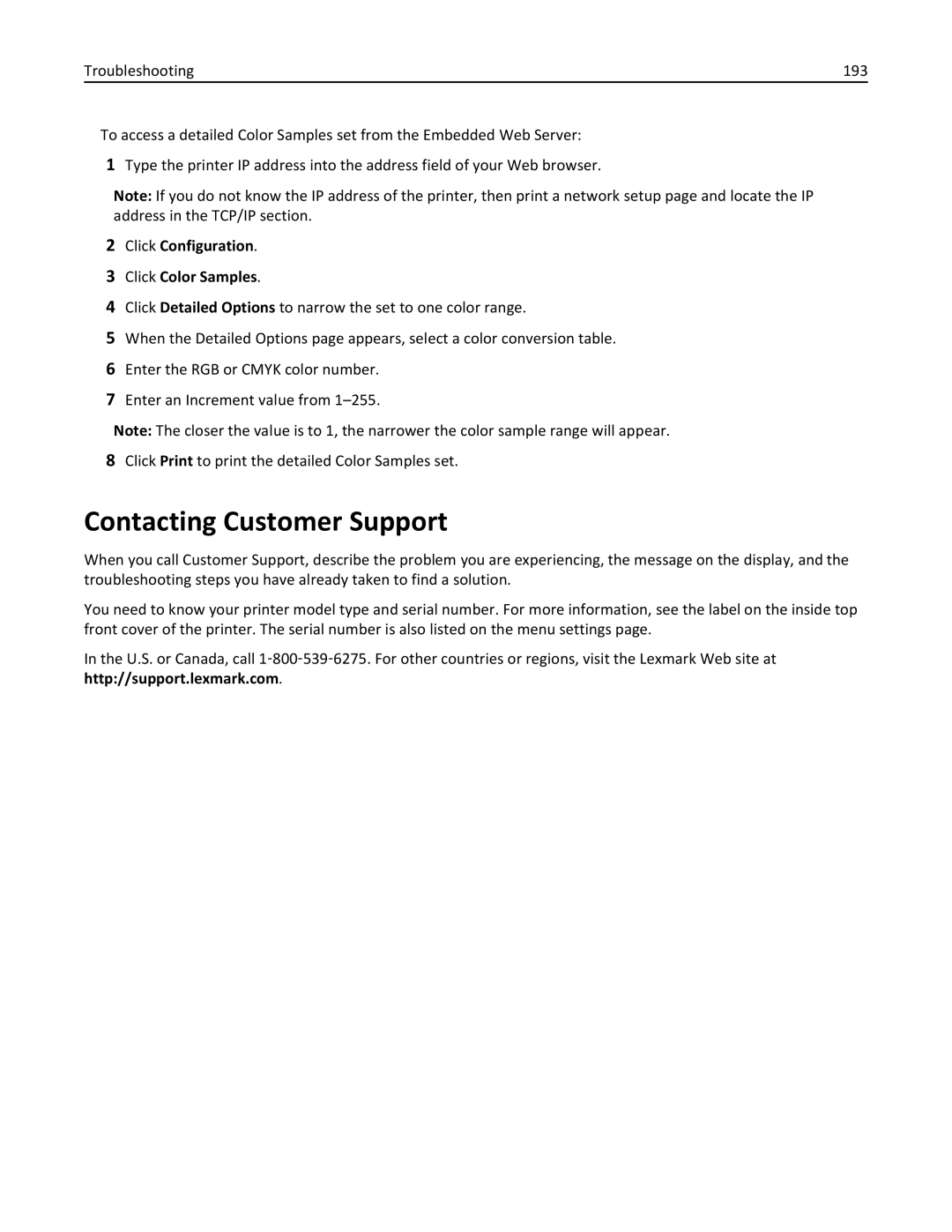 Lexmark 25A0591, C736 manual Contacting Customer Support, Click Configuration Click Color Samples 