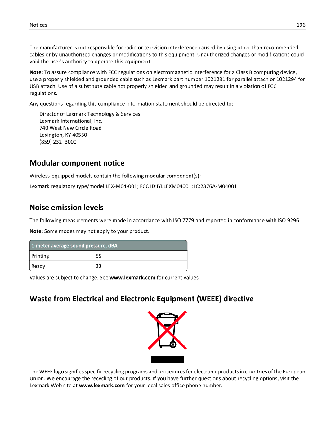 Lexmark C736, 25A0591 manual Modular component notice, Noise emission levels, 196 