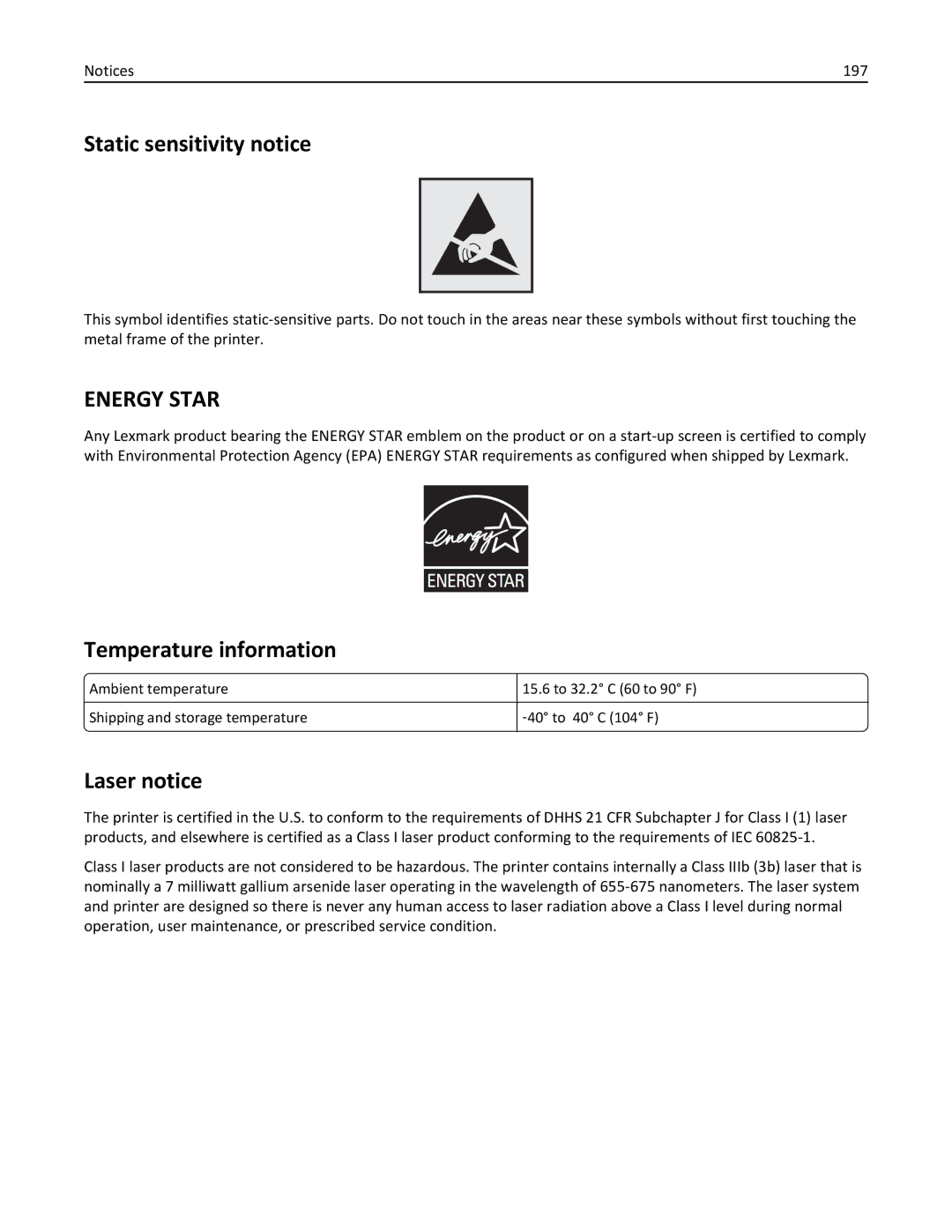 Lexmark 25A0591, C736 manual Static sensitivity notice, Temperature information, Laser notice, 197 