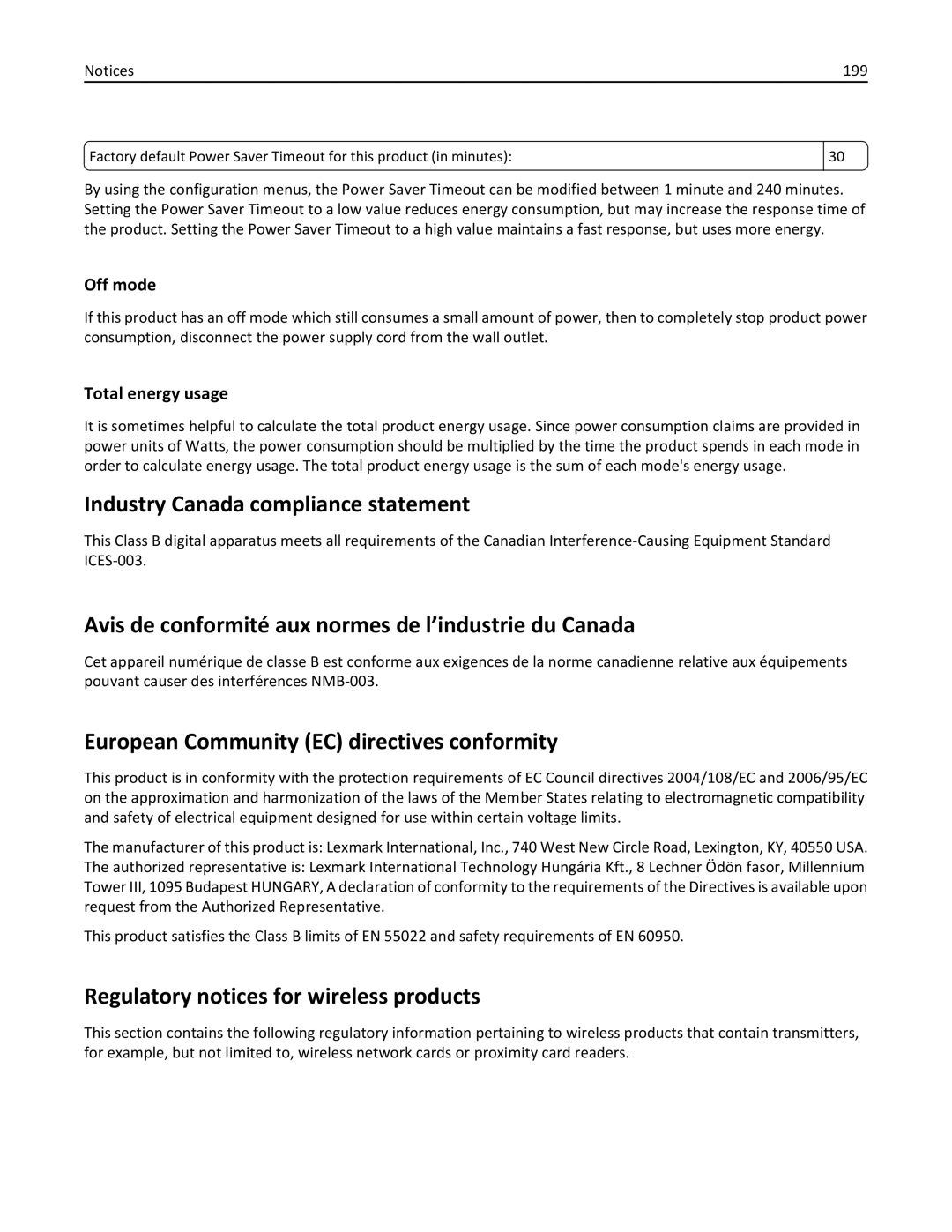 Lexmark 25A0591, C736 manual Industry Canada compliance statement, Avis de conformité aux normes de l’industrie du Canada 