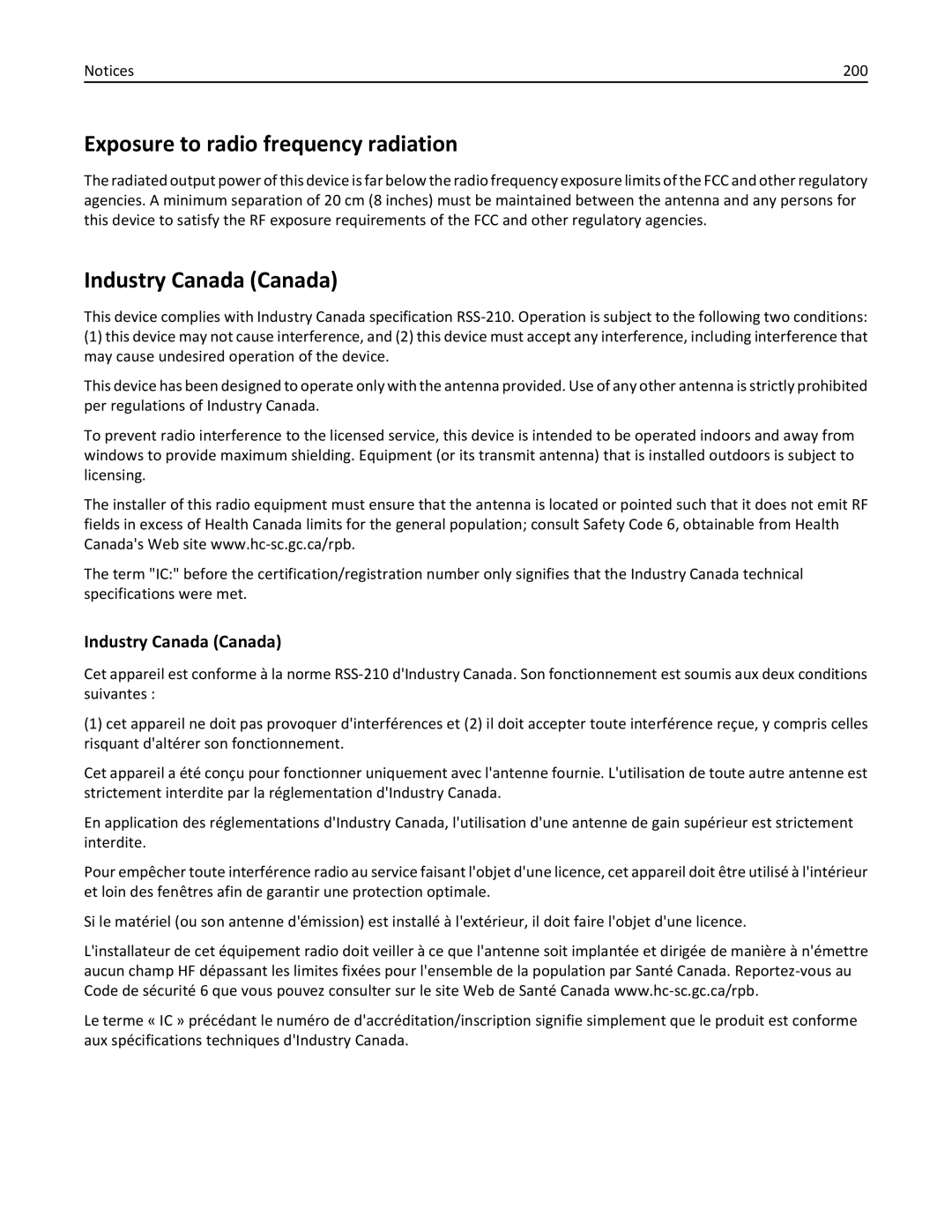 Lexmark C736, 25A0591 manual Exposure to radio frequency radiation, Industry Canada Canada, 200 