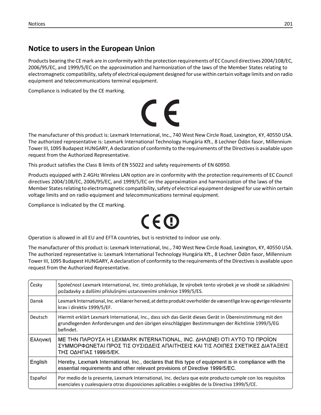 Lexmark 25A0591, C736 manual 201, ΤΗΣ Οδηγιασ 1999/5/ΕΚ 