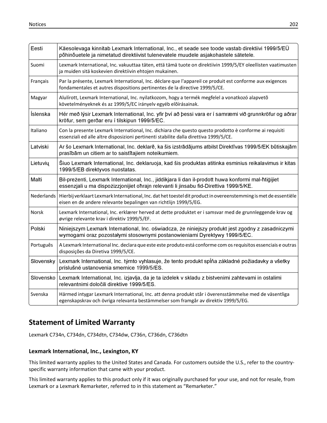 Lexmark C736, 25A0591 manual Statement of Limited Warranty, Lexmark International, Inc., Lexington, KY, 202 