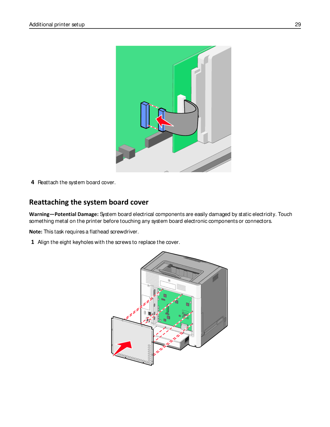 Lexmark 25A0591, C736 manual Reattaching the system board cover, Additional printer setup Reattach the system board cover 