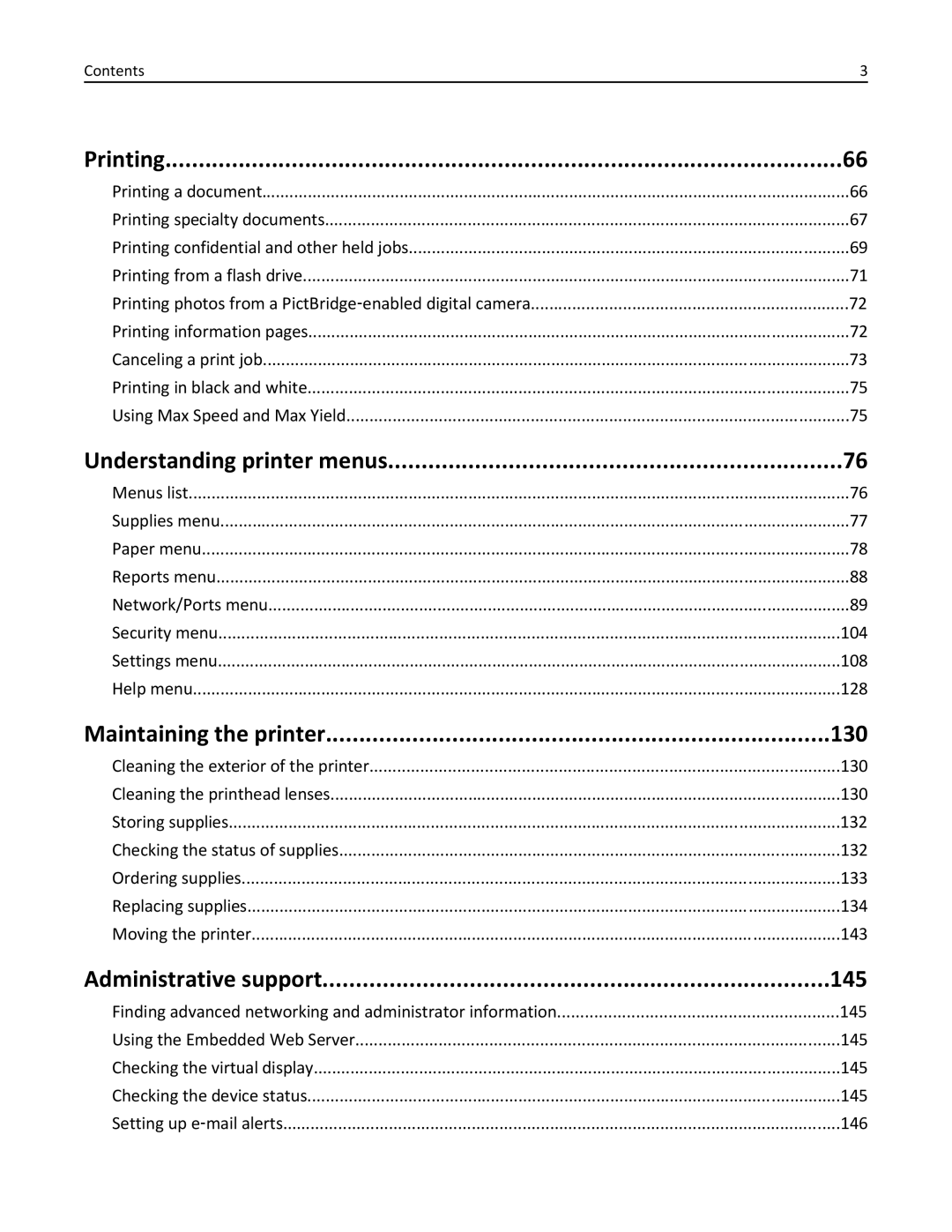 Lexmark 25A0591, C736 manual Printing, Understanding printer menus, Maintaining the printer 130, Administrative support 145 