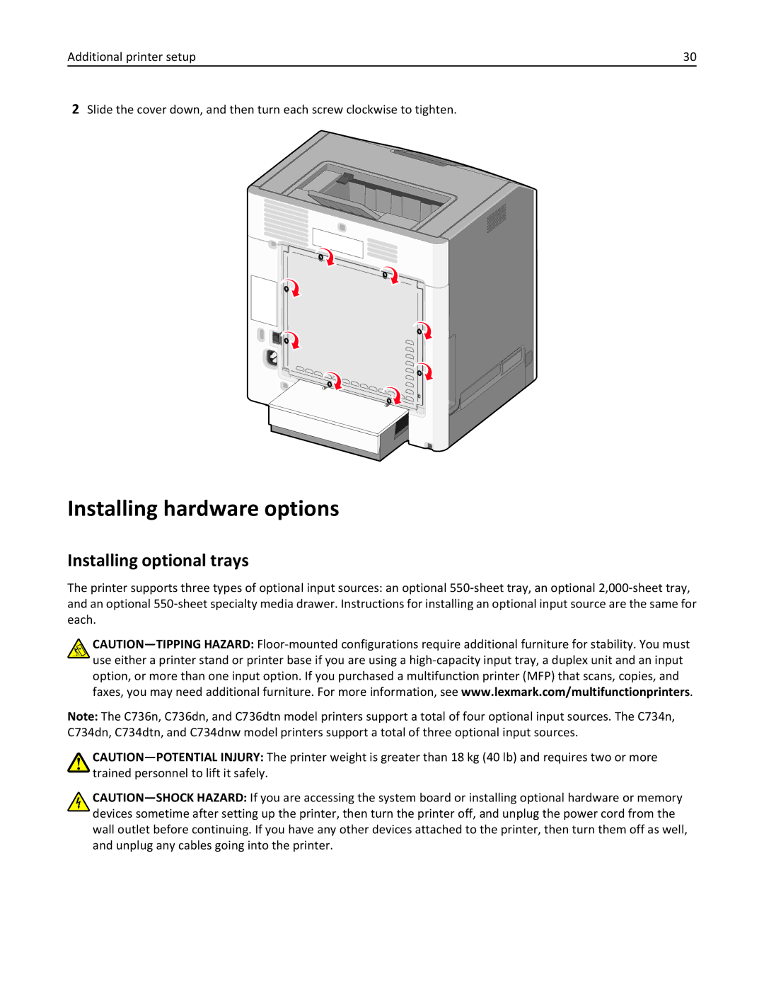 Lexmark C736, 25A0591 manual Installing hardware options, Installing optional trays 