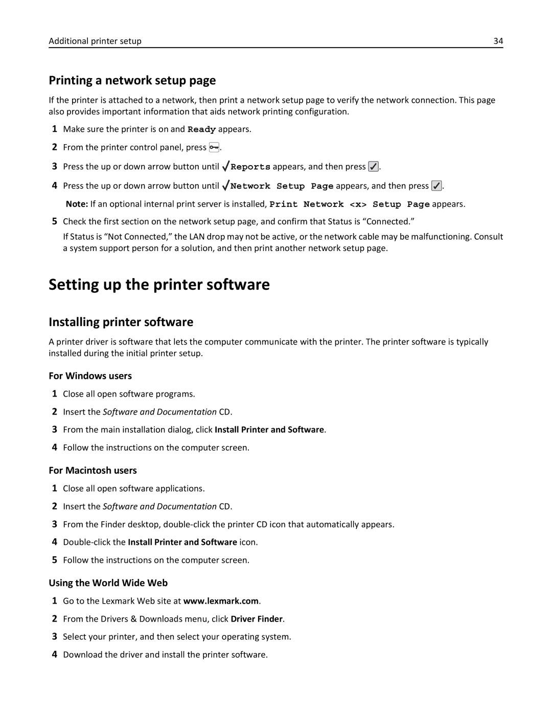 Lexmark C736, 25A0591 manual Setting up the printer software, Printing a network setup, Installing printer software 