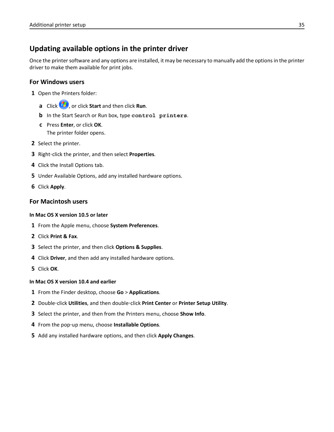 Lexmark 25A0591, C736 Updating available options in the printer driver, Mac OS X version 10.5 or later, Click Print & Fax 