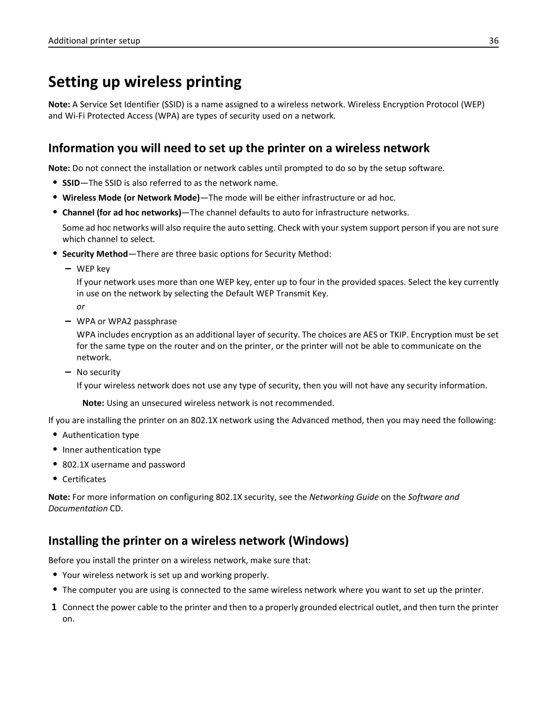 Lexmark C736, 25A0591 manual Setting up wireless printing, Installing the printer on a wireless network Windows 